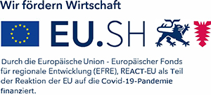 offizielles Förderungssiegel. Textinhalt: Wir fördern Wirtschaft (EU.SH) Durch die Europäische Union - Europäischer Fonds für regionale Entwicklung (EFRE), REACT-EU als Teil der Reaktion der EU auf die Covid-19-Pandemie finanziert.